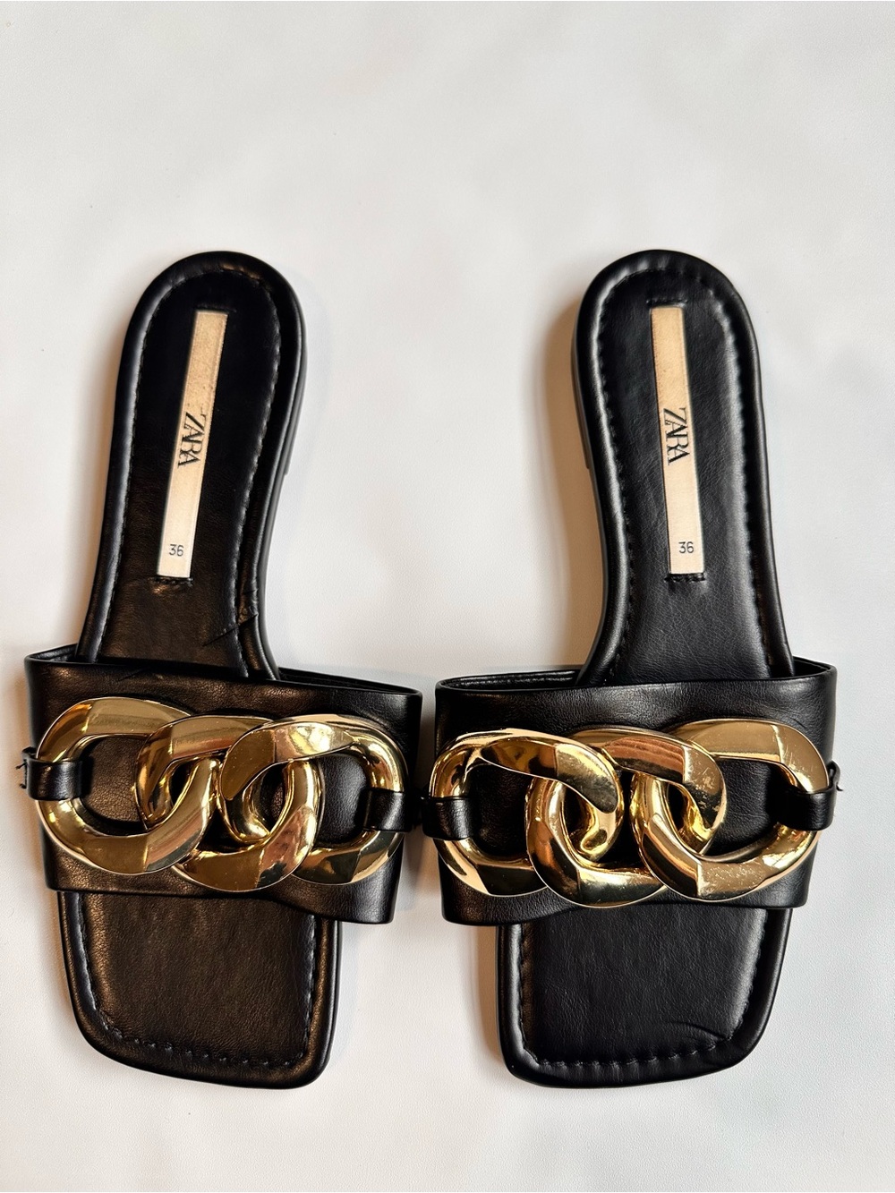 Zara Black Slide Sandals with Oversized Gold Chain